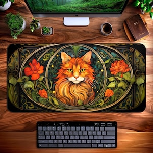 Orange Cat Desk Mat, Art Nouveau Mouse Pad, Art Deco Cottagecore, Aesthetic Dark Goth Witchy Office Decor, XXL Mousepad, Gaming Keyboard Mat