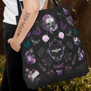 Goth Tote Bag, Moth Butterfly Black Tote Bag, Cottagecore Halloween Tote Bag, Floral Dark Academia Bag, Bat Tote Bag, Witch Gift, Goblincore