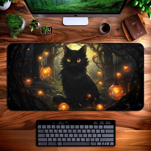 Black Cat Desk Mat, Halloween Mouse Pad, Cottagecore, Horror Aesthetic Spooky Dark Witchy Office Decor, XXL Mousepad, Gaming Keyboard Mats