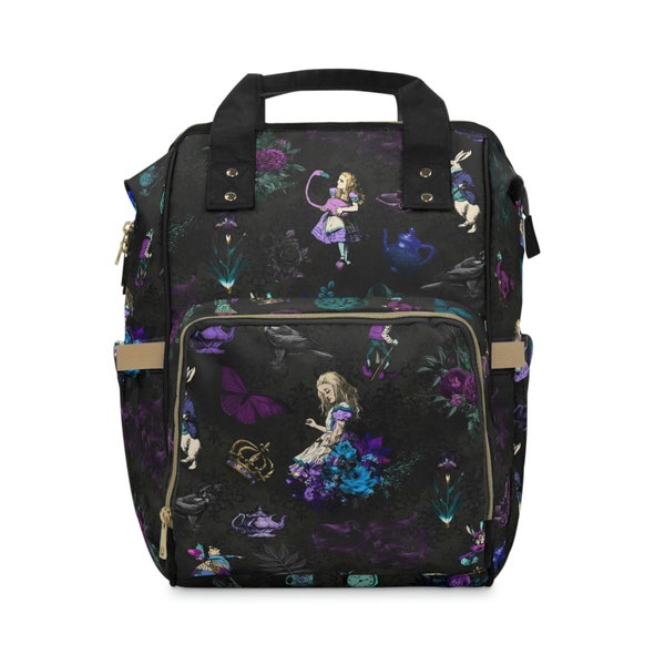 Alice in Wonderland Diaper Backpack, Dark Goth Fairy Tale Baby Nappy Changing Bag, Black Witchy Cats Butterfly Flowers Newborn Accessories
