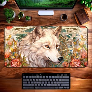 White Dog Desk Mat, Animal Wolf Pet Floral Mouse Pad, Art Deco Nouveau, Spooky Dark Witchy Office Decor, XXL Mousepad, Gaming Keyboard Mats