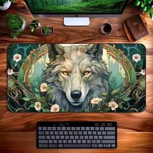 White Wolf Desk Mat, Animal Dog Pet Floral Mouse Pad, Art Deco Nouveau, Spooky Dark Witchy Office Decor, XXL Mousepad, Gaming Keyboard Mats
