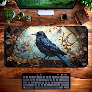 Raven Desk Mat, Green Art Nouveau Mouse Pad, Art Deco Cottagecore, Aesthetic Goth Witchy Office Decor, XXL Mousepad, Gaming Keyboard Mats