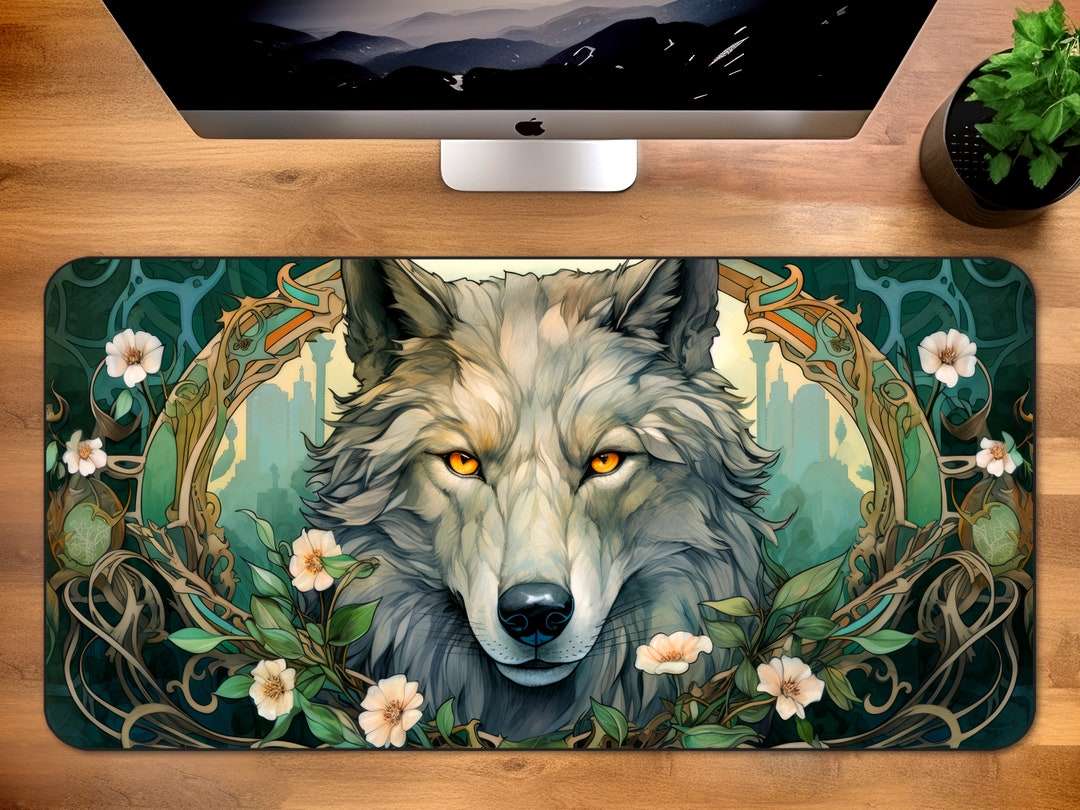 White Wolf Desk Mat Animal Dog Pet Floral Mouse Pad Art Deco Etsy