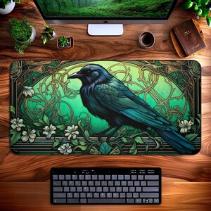 Raven Desk Mat, Art Nouveau Mouse Pad, Art Deco Cottagecore, Aesthetic Dark Goth Witchy Office Decor, XXL Mousepad, Gaming Keyboard Mats