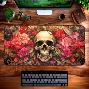 Skull Desk Mat, Floral Mouse Pad, Art Deco Nouveau, Cottagecore Gothic Spooky Horror Halloween Decor, XXL Mousepad, Gaming Keyboard Mats
