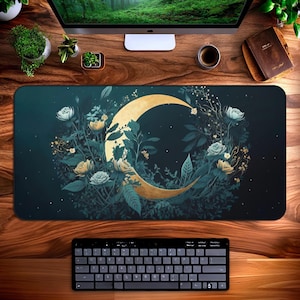 Cottagecore Desk Mat, Witchy Goth Moon Desk Pad, Sage Green Floral Cute Desk Mat, Abstract Large Gaming Mousepad, Dark Academia Mouse Pad