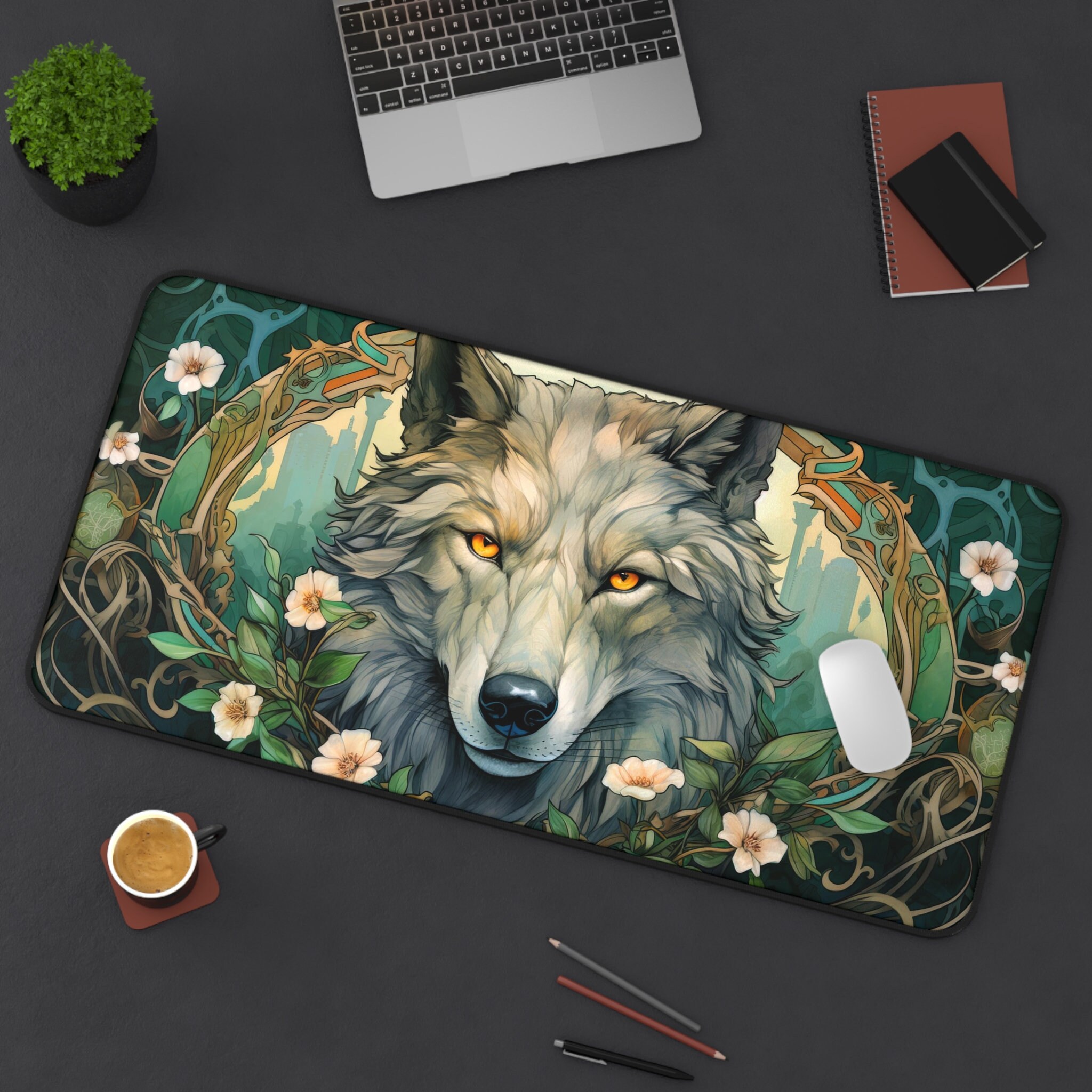 White Wolf Desk Mat Animal Dog Pet Floral Mouse Pad Art Deco Etsy