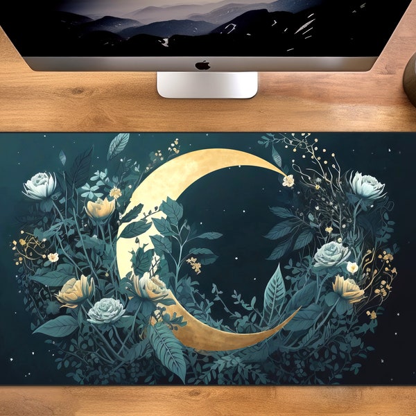 Cottagecore Desk Mat, Witchy Goth Moon Desk Pad, Sage Green Floral Cute Desk Mat, Abstract Large Gaming Mousepad, Dark Academia Mouse Pad