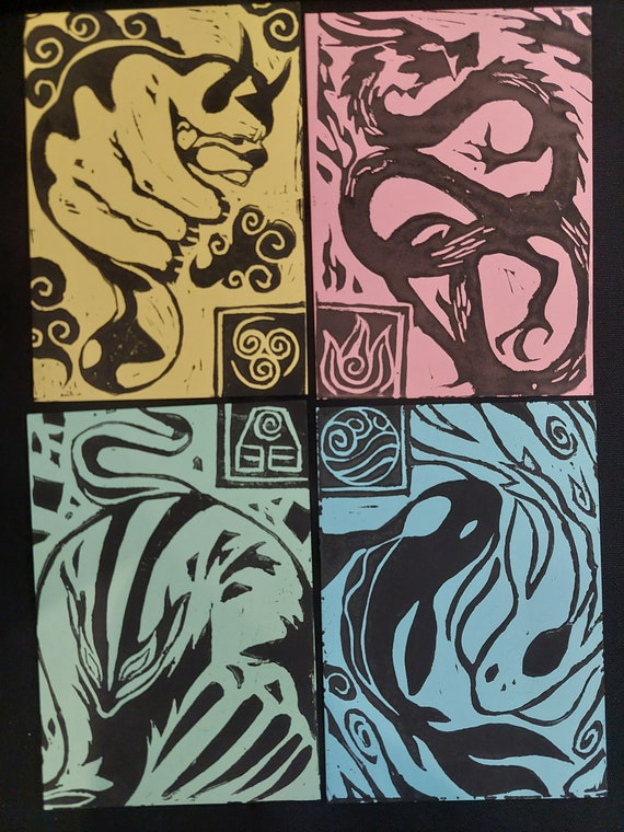 Avatar the Original Benders of the Four Elements A6 Lino Etsy