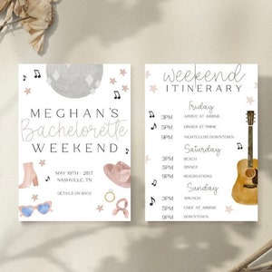 May include: A printable bachelorette weekend itinerary with a watercolor illustration of a guitar and musical notes. The itinerary includes a list of activities for Friday, Saturday, and Sunday. The text reads "Weekend Itinerary", "Friday", "Arrive at Airbnb", "3PM", "5PM", "Dinner at Prime", "9PM", "Nightclubs Downtown", "Saturday", "3PM", "Beach", "5PM", "Dinner", "9PM", "Reservations", "Sunday", "3PM", "Brunch", "5PM", "Chef at Airbnb", "9PM", "Downtown".