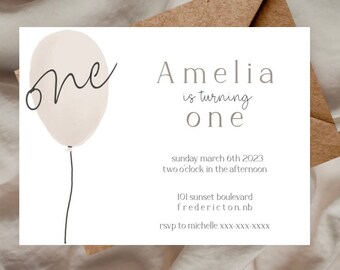 neutral tone balloon birthday invitation, boho theme, neutral birthday party, boy girl party invitation, modern editable invitation