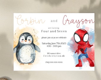 Spidey and Penguin theme sibling invitation, twin invite, spidey and penguin invite, spidey and his amazing friends