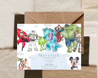 Disney Birthday Invitation, disney theme invite, monsters inc, toy story, marvel party, the incredibles, disney pixar party