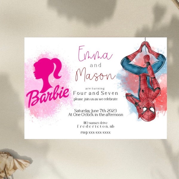 Spiderman and barbie theme sibling invitation, twin boy girl invite, marvel and barbie doll invite