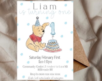 Winnie the pooh birthday party invite, winnie the pooh invitation, winnie the pooh birthday party theme, pooh bear theme first birthday