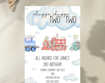 Chugga Chugga Two Two, Second Birthday Train Theme, digital birthday invitation, templett, instant download