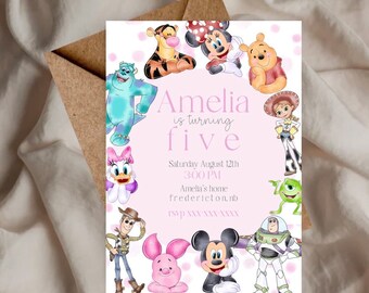 Disney Birthday Invitation, disney theme invite, monsters inc, toy story, winnie the pooh, mickey mouse, disney pixar party