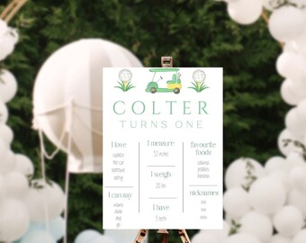 First birthday golf theme about me milestone chart, first partee theme, golf theme first birthday party decor, hole in one