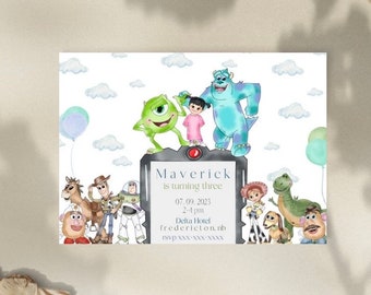 Disney Birthday Invitation, disney theme invite, monsters inc, toy story theme party,  disney pixar party, monsters buzz lightyear invite