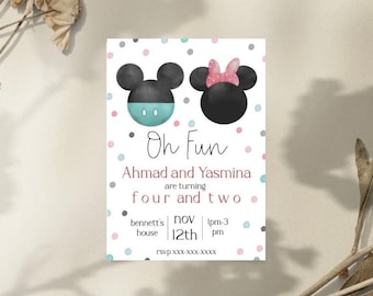 Invitación de cumpleaños vintage inspirada en Mickey y Minnie Mouse, invitación de cumpleaños para hermanos gemelos, invitación de cumpleaños para niño y niña de Disney, fiesta de Oh Toodles