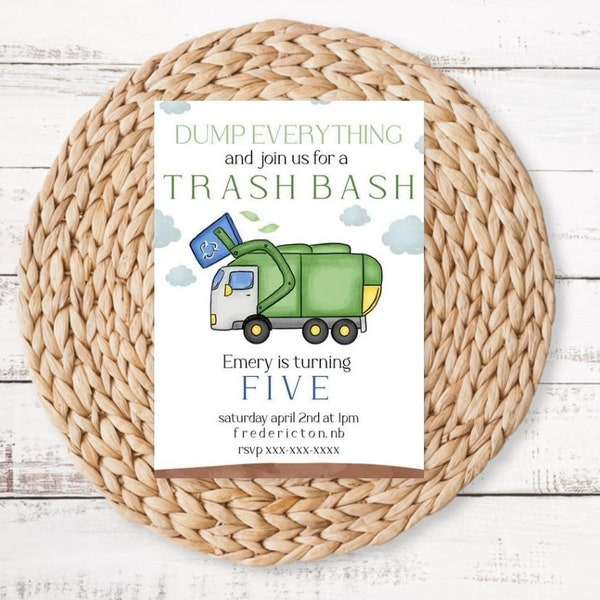 Garbage truck birthday party invite, trash truck party, garbage man birthday invite, garbage boy trash truck them birthday party, trash bash