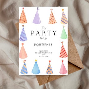 Party Hat Digital Birthday Invitation, birthday party editable and printable invitation, templett
