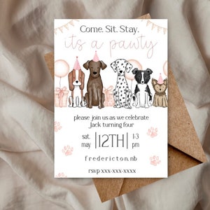 Dog Birthday party theme, birthday pawty invitation, come sit play, puppy party theme, dog pawty, dog themed party, puppy invitation
