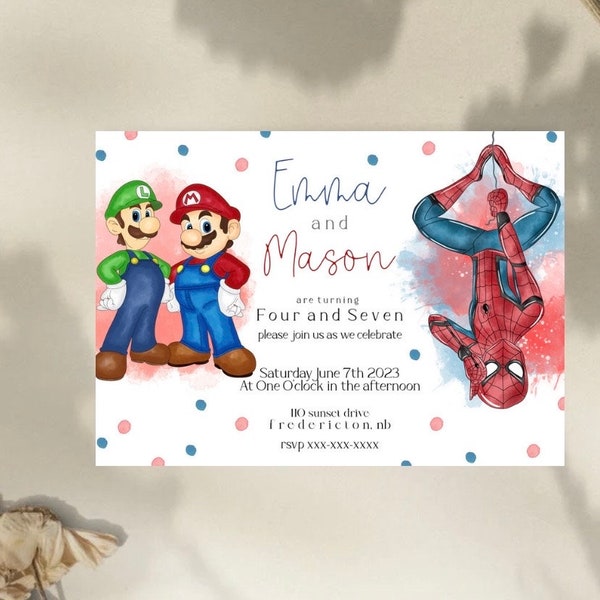 Invitation pour frères et sœurs sur le thème Spiderman et super mario, invitation pour jumeaux, invitation Marvel et super mario, invitation à une fête d'anniversaire pour frères et sœurs