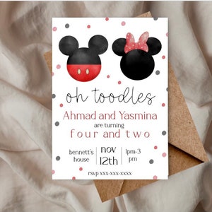 Mickey and Minnie mouse inspired birthday invitation, twin sibling birthday invite, boy girl birthday invite Disney, oh toodles party