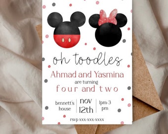 Mickey and Minnie mouse inspired birthday invitation, twin sibling birthday invite, boy girl birthday invite Disney, oh toodles party