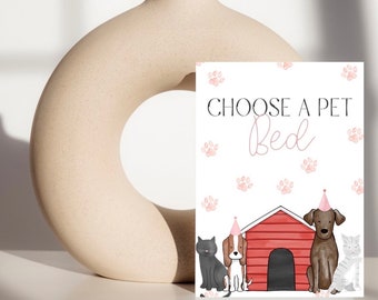 May include: A decorative sign with the text "CHOOSE A PET Bed" in black and pink. The sign features illustrations of a black cat, a beagle, a brown dog, and a gray cat, all wearing party hats, in front of a red dog house.