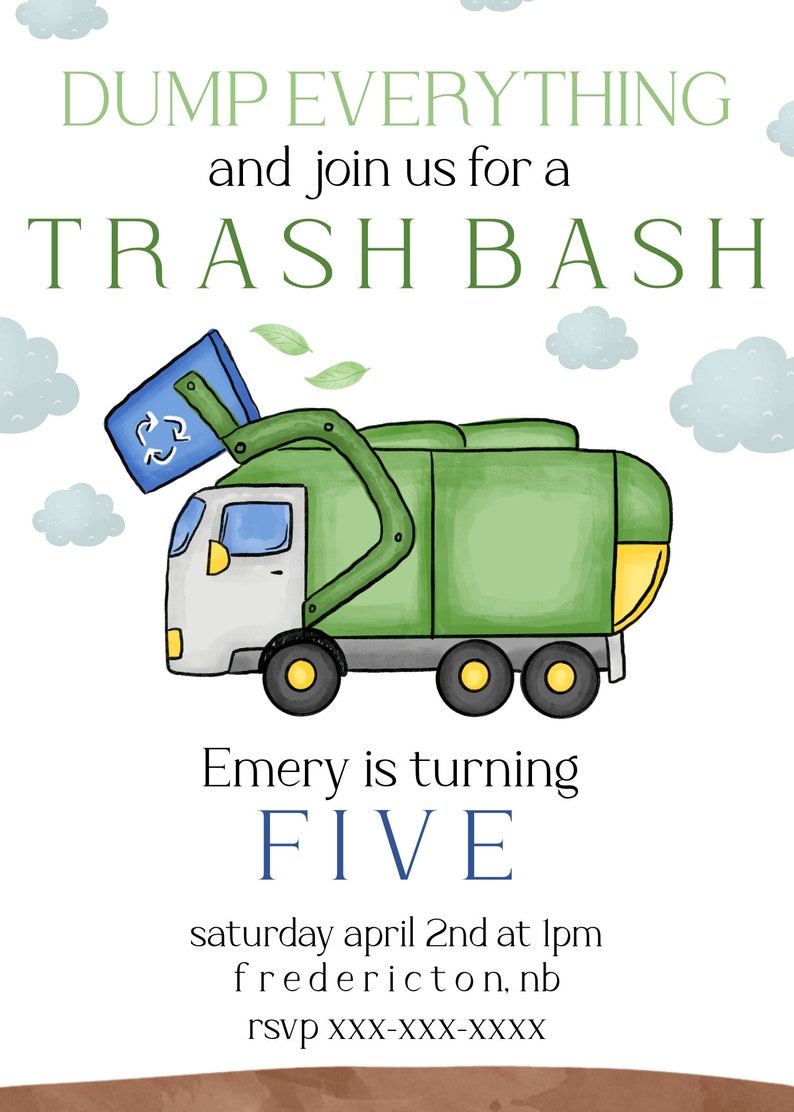 Garbage Truck Birthday Party Invite, Trash Truck Party, Garbage Man ...