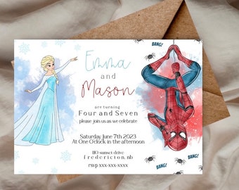 Spiderman and elsa theme sibling invitation, twin boy girl invite, marvel and princess invite, super hero princess invite, elsa spiderman