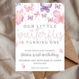 Butterfly theme birthday party, butterfly girl birthday invitation, butterfly invitation, first birthday invitation, spring birthday party