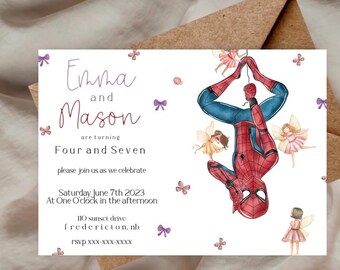 Spiderman and fairies theme sibling invitation, twin boy girl invite, marvel and fairy invite, super hero and butterfly invite