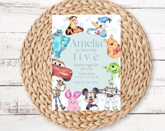 Disney Birthday Invitation, disney theme invite, monsters inc, toy story, winnie the pooh, mickey mouse, disney pixar party