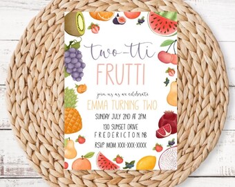 May include: A colourful invitation with a fruit theme for a child's second birthday party. The invitation features a variety of fruits, including watermelon, cherries, grapes, pineapple, and lemons. The text on the invitation reads "two-tti FRUTTI" and "join us as we celebrate EMMA TURNING TWO".