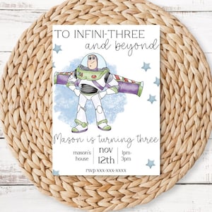 Buzz lightyear birthday invitation, toy story birthday invite, to infinithree and beyond, Disney character birthday invite, third birthday