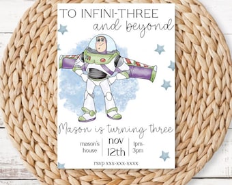 Buzz lightyear birthday invitation, toy story birthday invite, to infinithree and beyond, Disney character birthday invite, third birthday