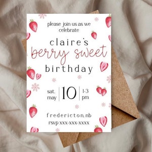strawberry birthday invitation, berry sweet birthday theme, berry first birthday, berry party theme, spring birthday invitation, editable