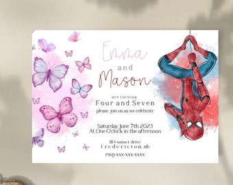Spiderman and butterfly theme sibling invitation, twin boy girl invite, marvel and butterfly invite, super hero and butterfly invite