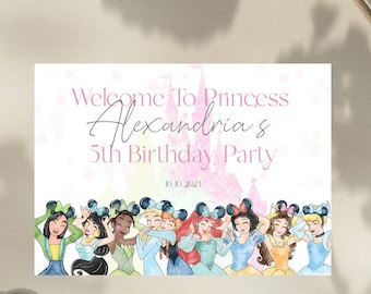 Disney princess birthday welcome sign, modern and simple child welcome sign, editable and printable, templett, princess party welcome sign
