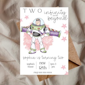 Pink buzz lightyear inspired invitation, toy story birthday invite, two infinity and beyond, girly toy story birthday invite