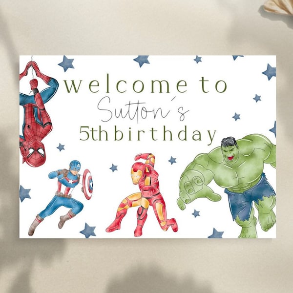 Superhero digital welcome sign, marvel welcome sign, super hero digital birthday, marvel theme, hulk theme, spiderman theme