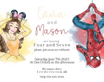 Spiderman and belle theme sibling invitation, twin boy girl invite, marvel and princess invite, super hero and beauty and the beast invite