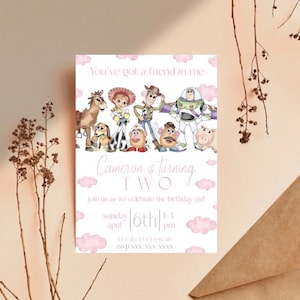 Pink Toy story inspired birthday invite, editable printable digital birthday invitation, watercolor girl toy story, invite, instant download