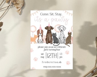 Cat Dog Birthday party theme, birthday pawty invitation, come sit play, dog cot party theme, kitten puppy invite