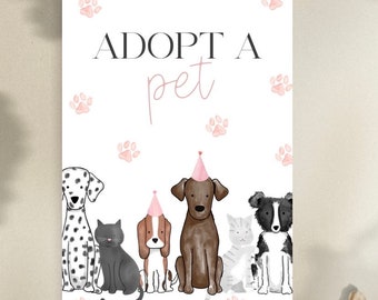 Pink adopt a pet sign, pawty theme birthday, cat dog party printable sign, pet adoption sign, pink pawty sign, birthday sign