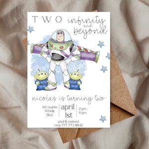 Buzz lightyear and aliens birthday invitation, toy story birthday invite, two infinity and beyond, Disney character birthday invite